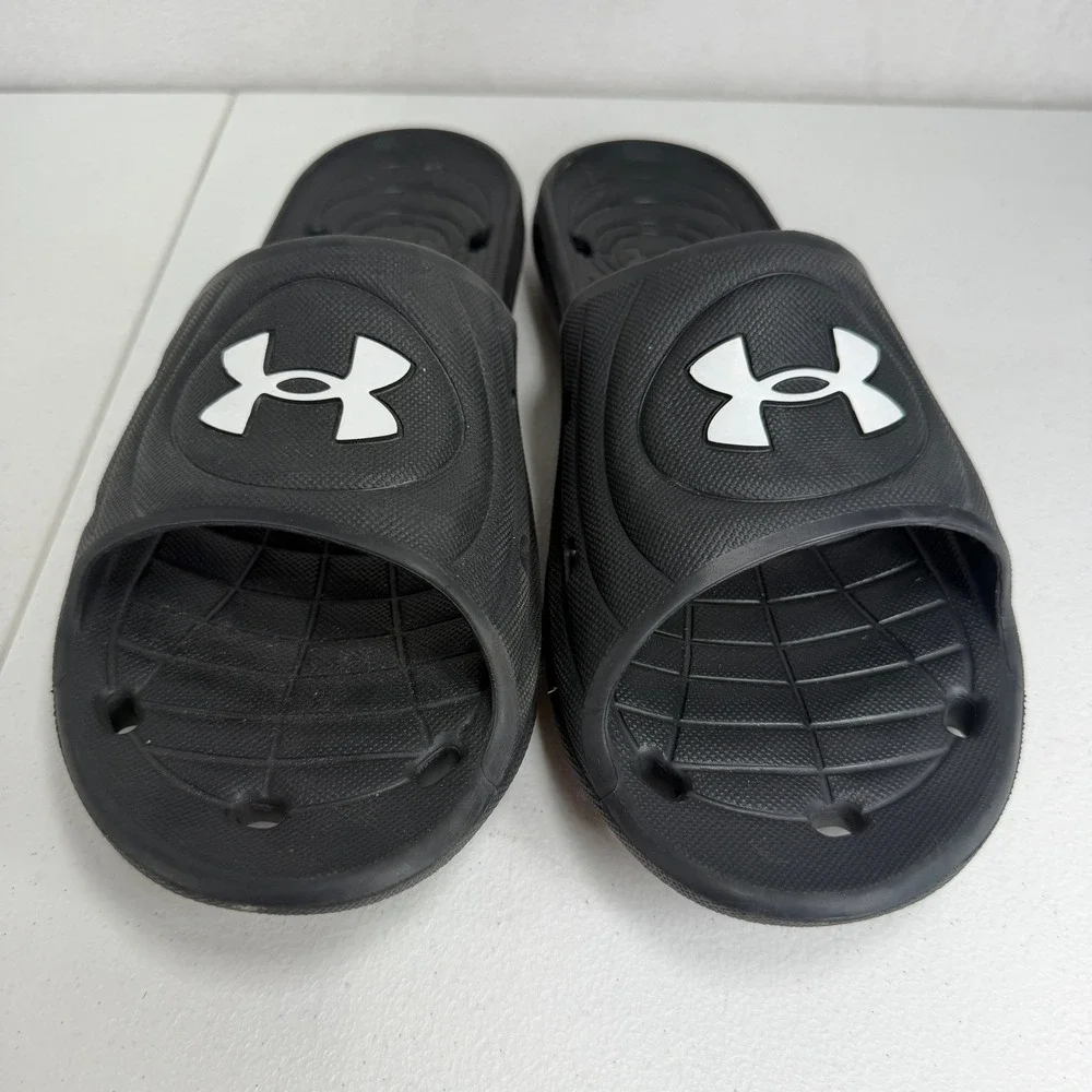Under Armour Size 12 Slide Locker IV Black White Athletic Pool Gym Sandals